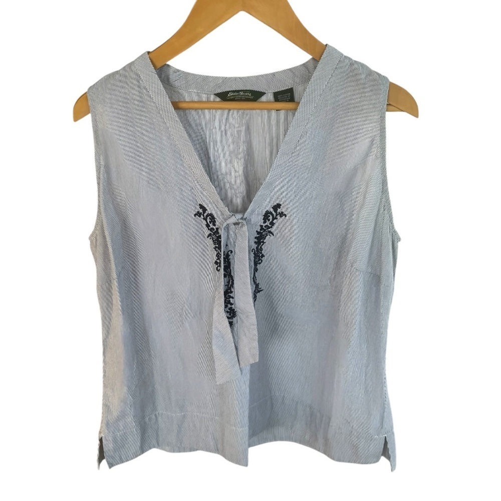 Eddie Bauer Sleeveless Striped Blouse with Embroidered & Bow Detail